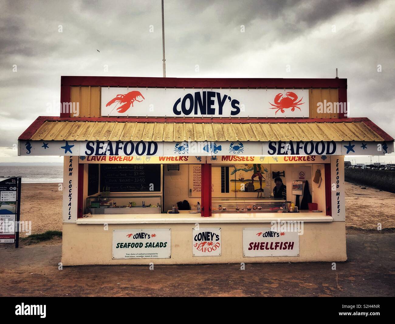 Seafood shack at Coney beach, Porthcawl, Bridgend, South Wales, February. Stock Photo