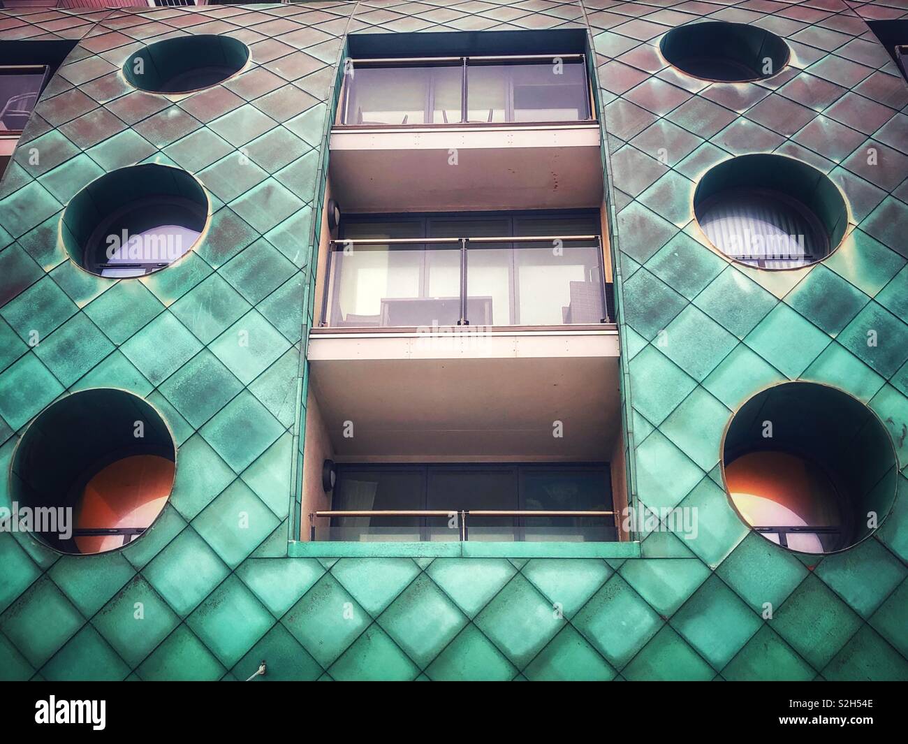Apartments on Porthcawl seafront with unusual design and copper fascia. - Smartphone Captured Stock Image