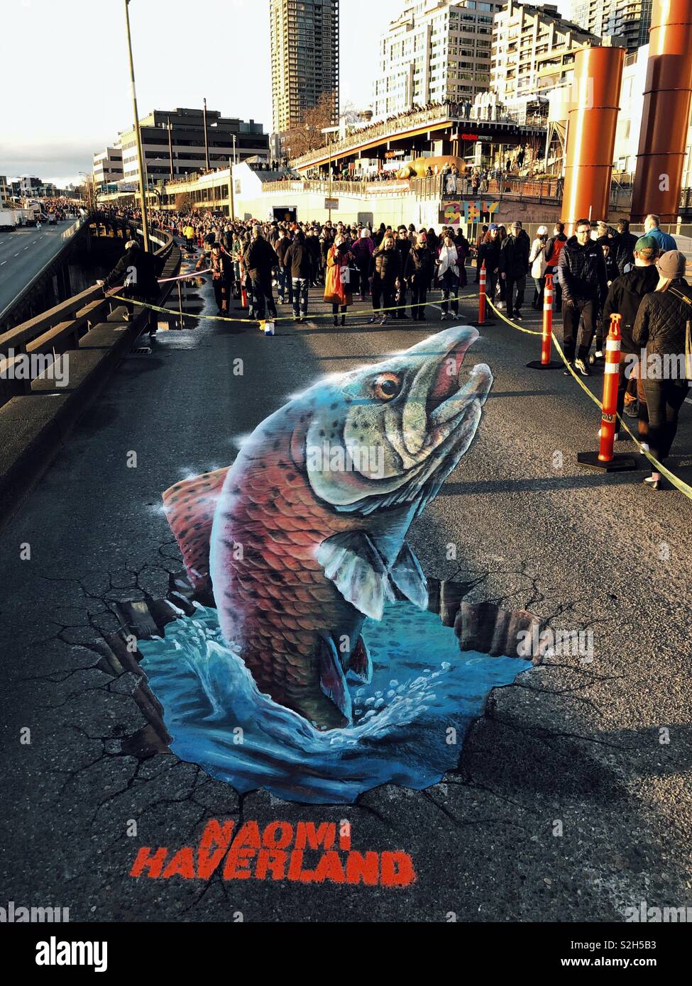 Anamorphic art graces pavement of Alaskan Way Viaduct during Good bye walk in Seattle on February 2nd 2019 - Smartphone Captured Stock Image