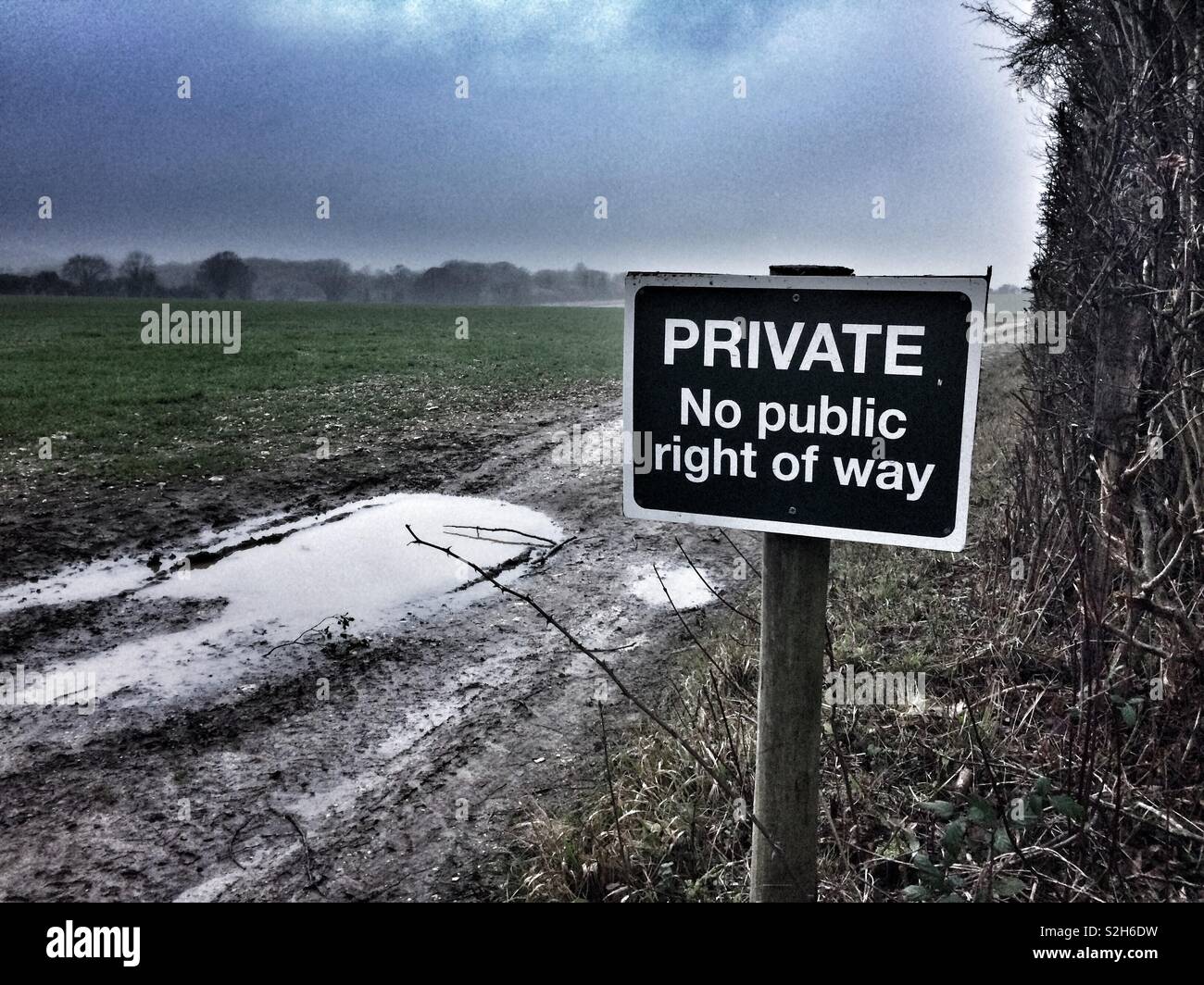 Private, no public right of way signpost on farmland in Hampshire, England, UK Stock Photo