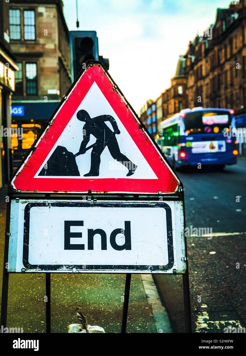 End of roadworks. Dumbarton Road. Glasgow. Scotland. UK. Stock Photo