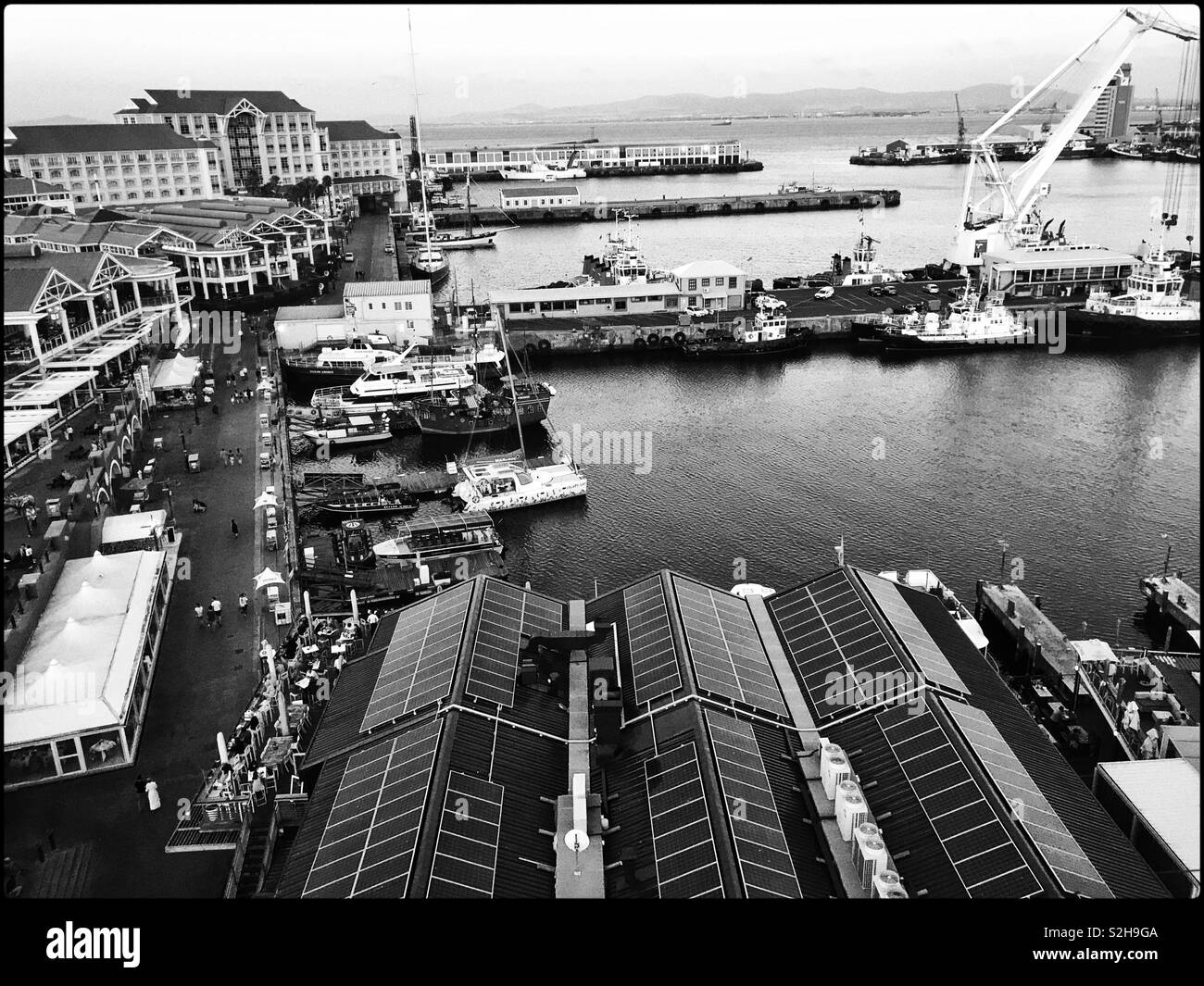 View of V&A Waterfront from the Cape Wheel, Cape Town, South Africa. Black and white photo. Stock Photo