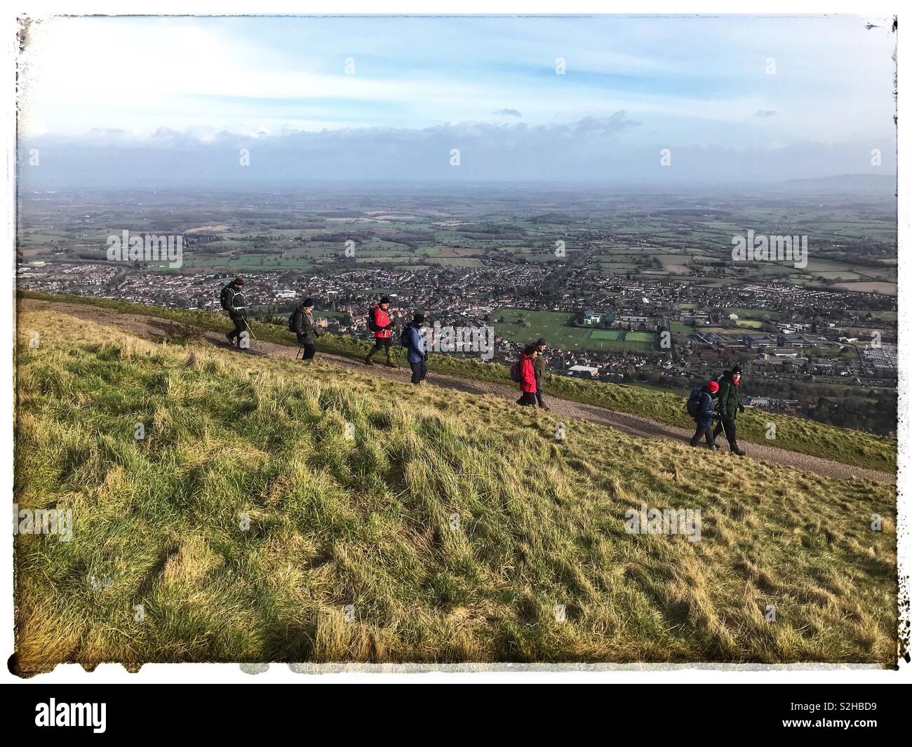 Ramblers hill walking on The Malvern hills in February 2019 Stock Photo
