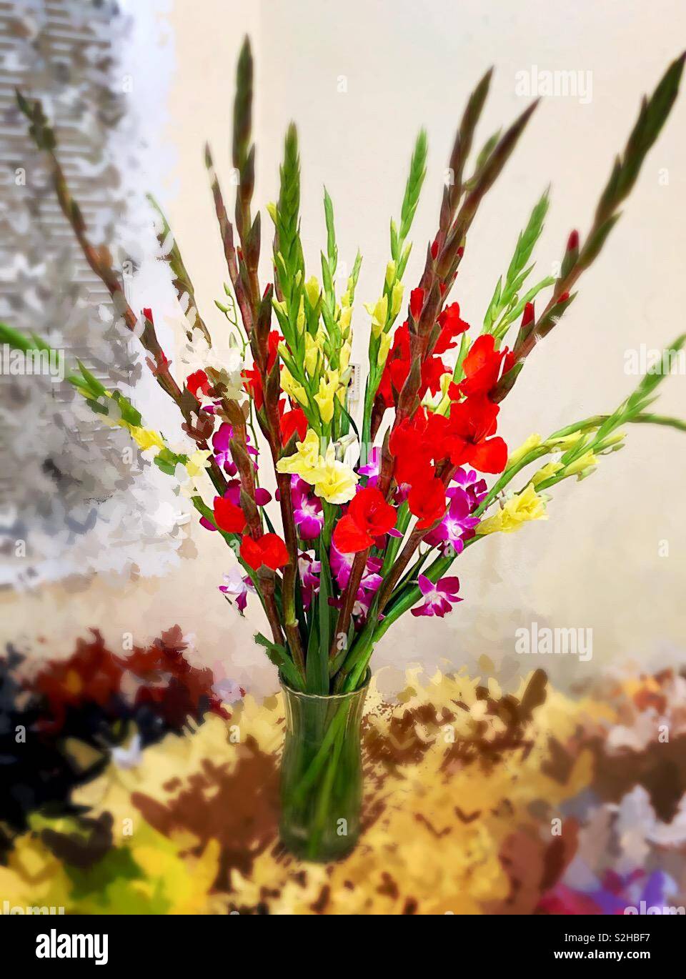 紅和黃色菖蒲花及䔝色蘭花插於玻璃花裡站在黃色檯上 The Red Yellow And Purple Flowers In The Glass Vase On The Yellowish Table Stock Photo Alamy 紅和黃色菖蒲花及䔝色蘭花插於玻璃花裡站在黃色檯上 The Red Yellow And Purple Flowers In The Glass Vase On The Yellowish Table Stock Photo Alamy