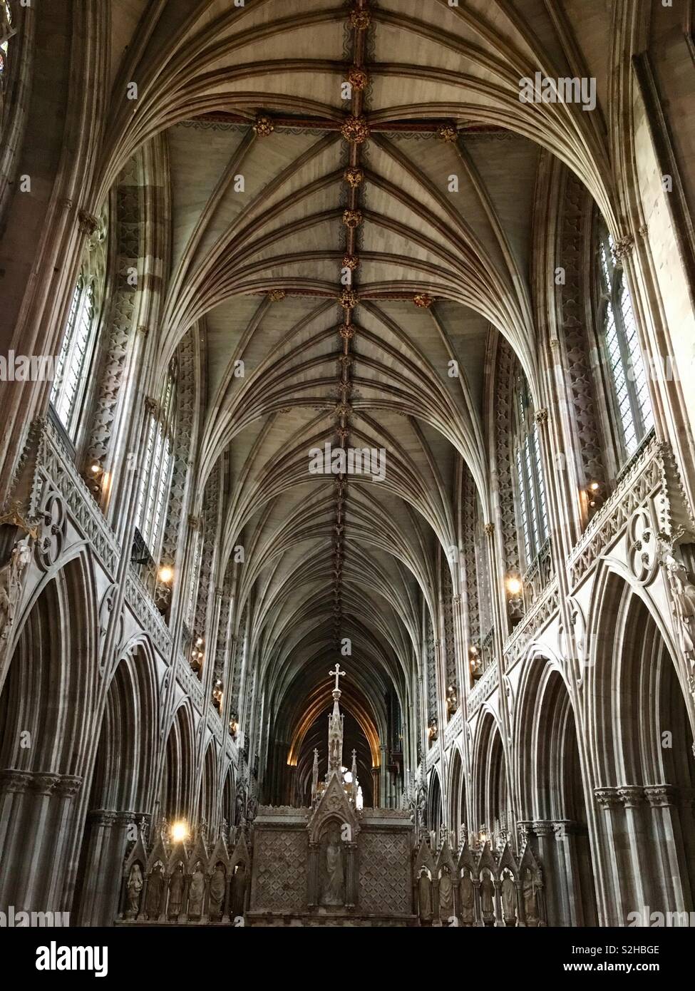 Uplifting, soaring, vaulted, Gothic arches, at Lichfield Cathedral, Staffordshire, England - Smartphone Captured Stock Image