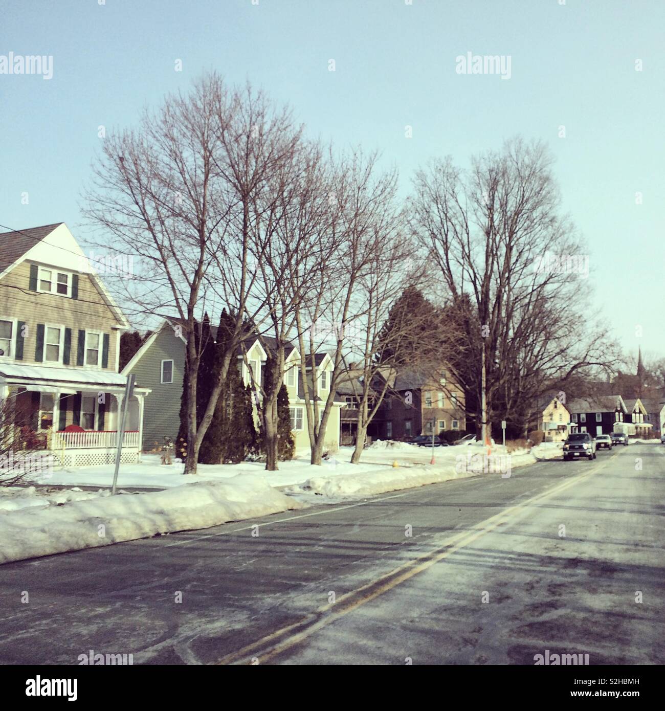 Winter view of a street in Greenfield, Massachusetts, United States - Smartphone Captured Stock Image