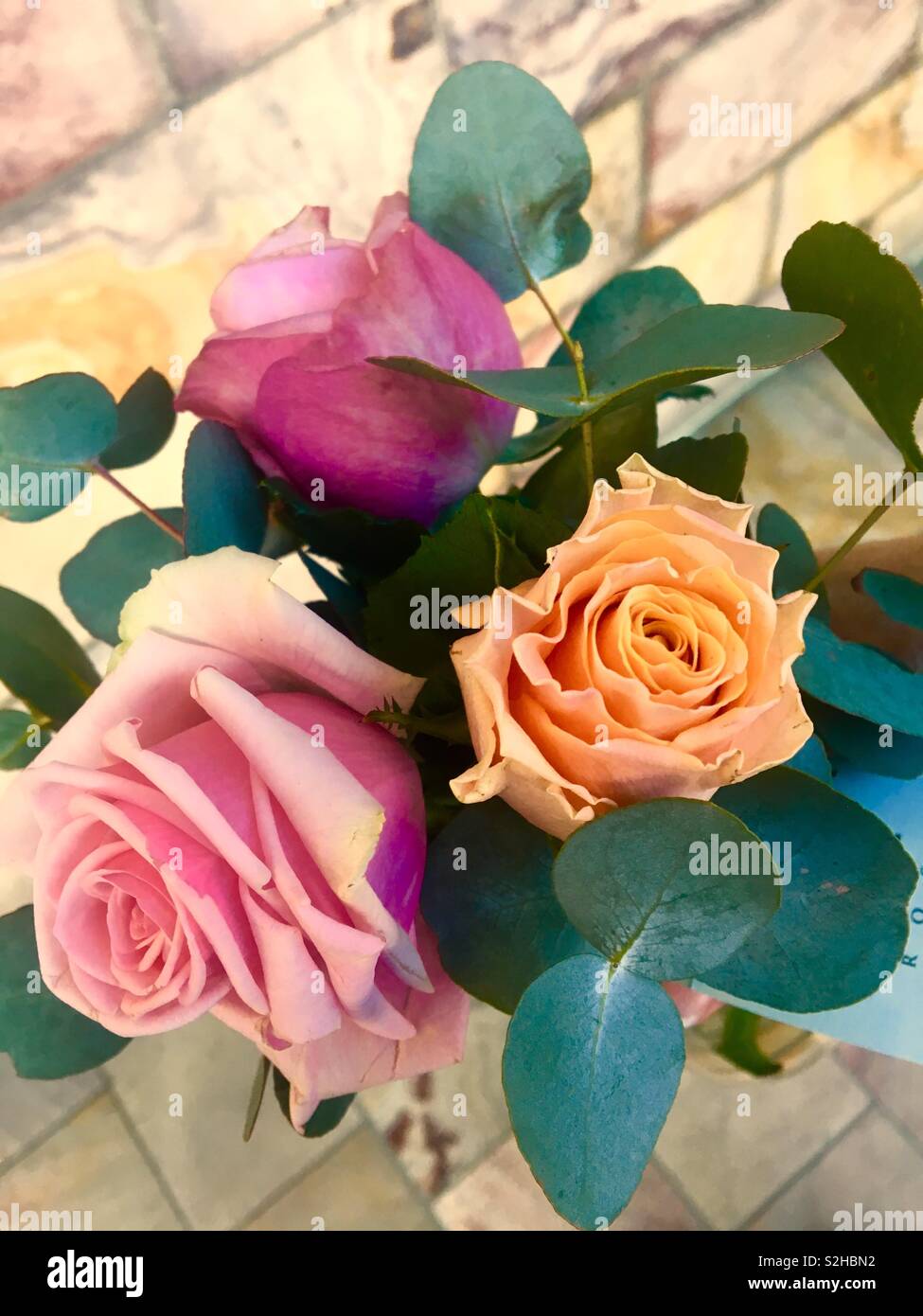 Roses in a posy with eucalyptus leaves Stock Photo