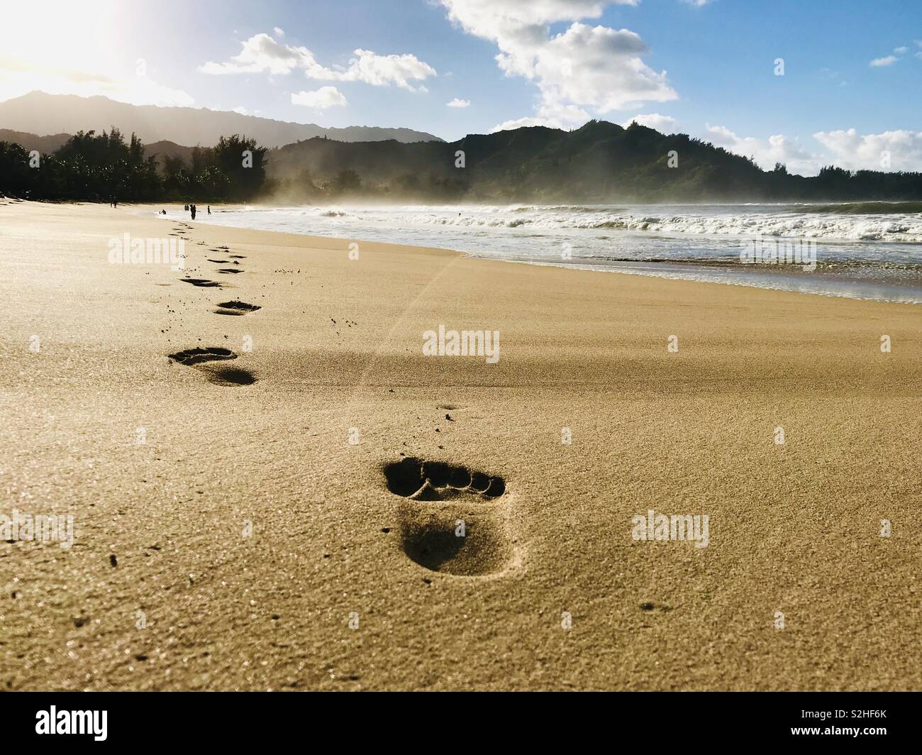 Footprints on the beach. Hanalei Bay, Kauai USA. - Smartphone Captured Stock Image