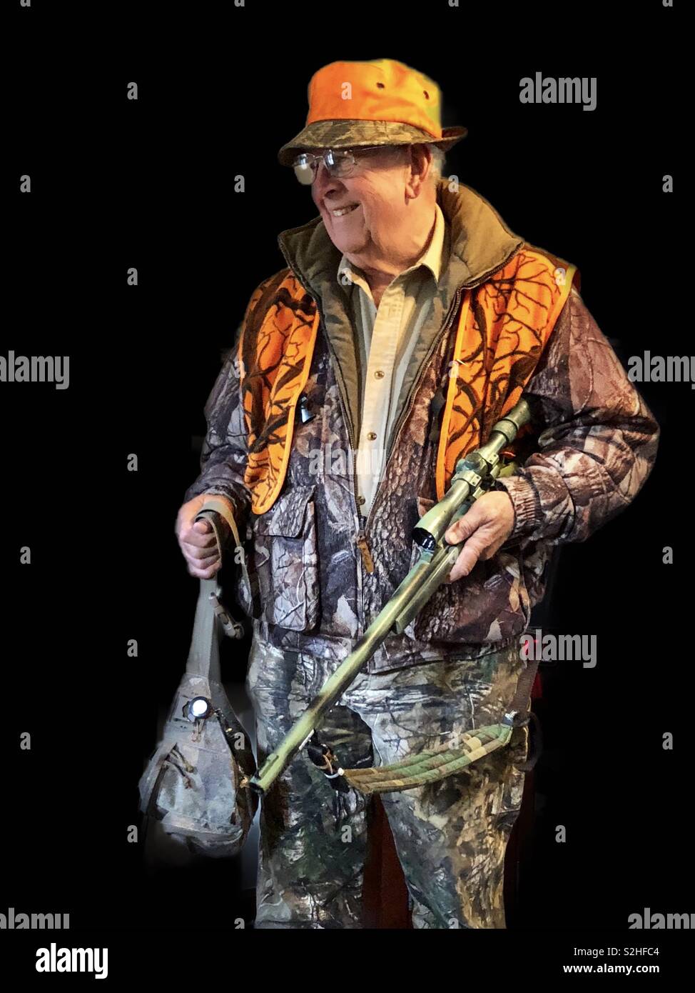 An excited hunter as he prepares for his day. Stock Photo