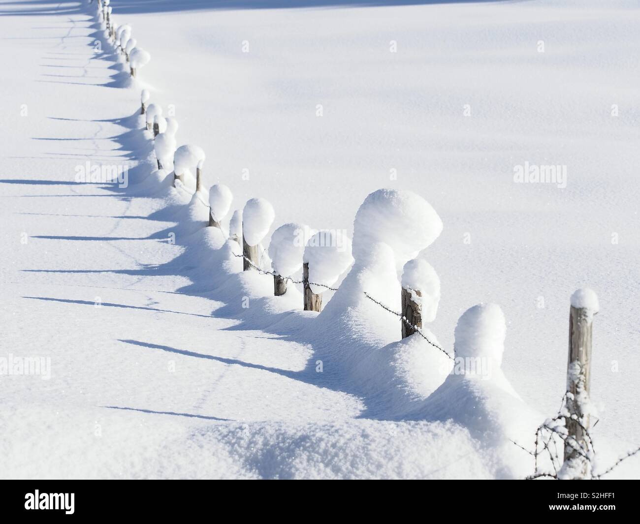 Wooden barbed wire fence covered in snow during winter on a sunny day ...