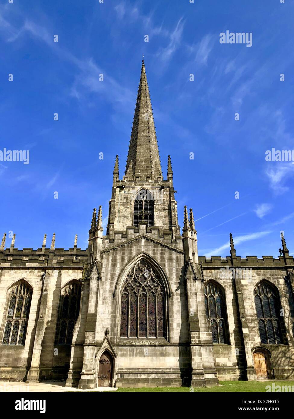 Sheffield Cathedral under clear blue sky - Smartphone Captured Stock Image