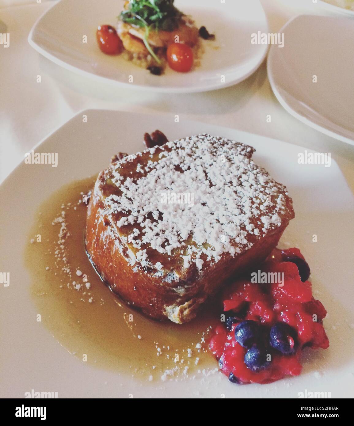 French toast for brunch at VUE 24 restaurant, Foxwoods Resort Casino, Mashantucket, Connecticut, United States Stock Photo