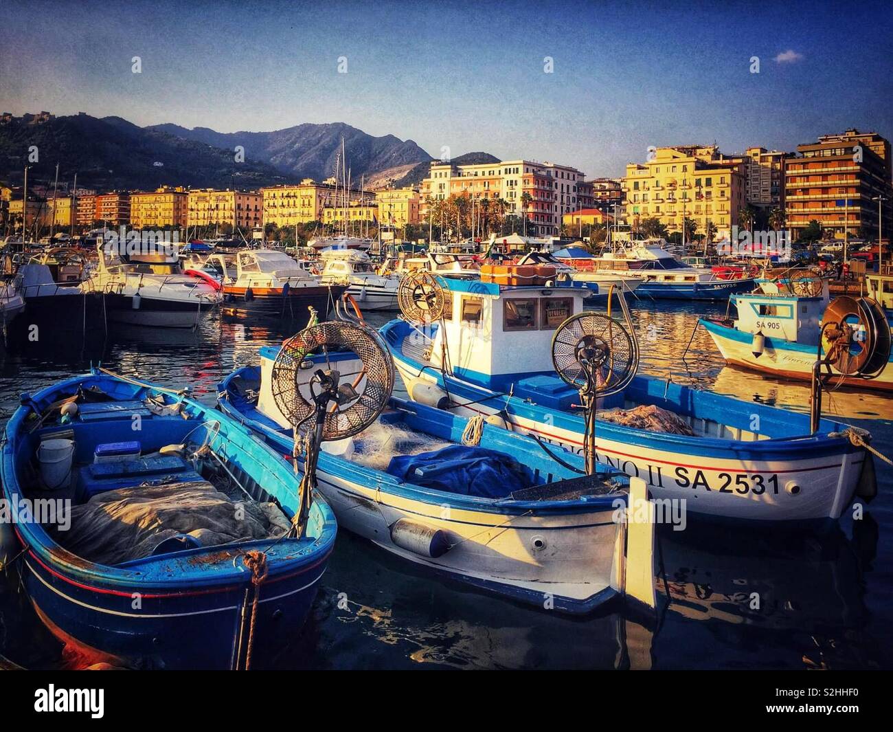 Fishing boats in harbor in Salerno, Italy - Smartphone Captured Stock Image
