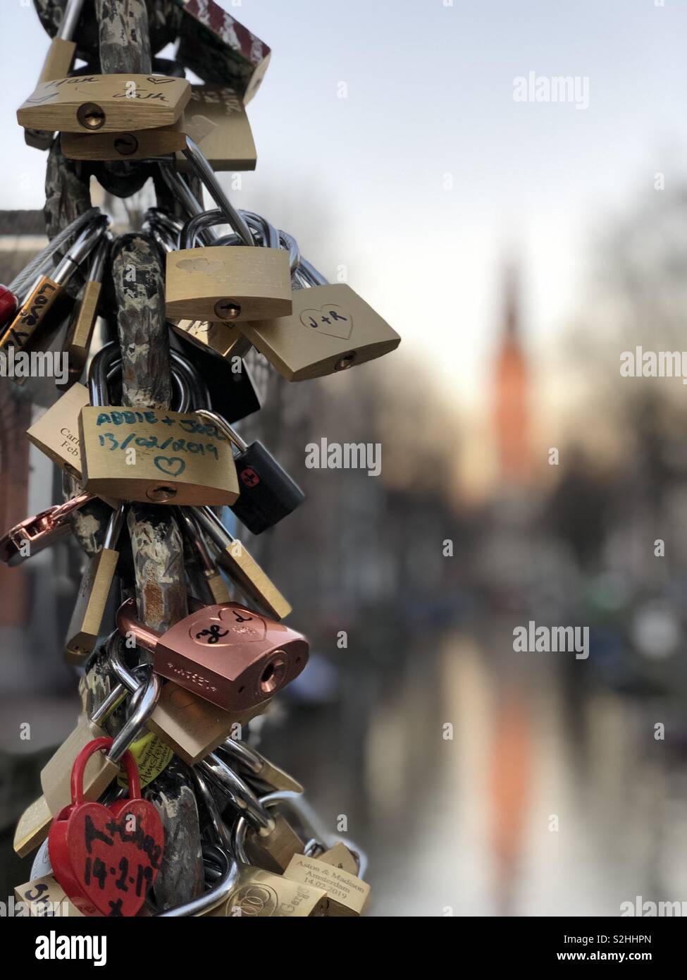 Love locks in Amsterdam on 14 February, Valentines Day 2019 - Smartphone Captured Stock Image