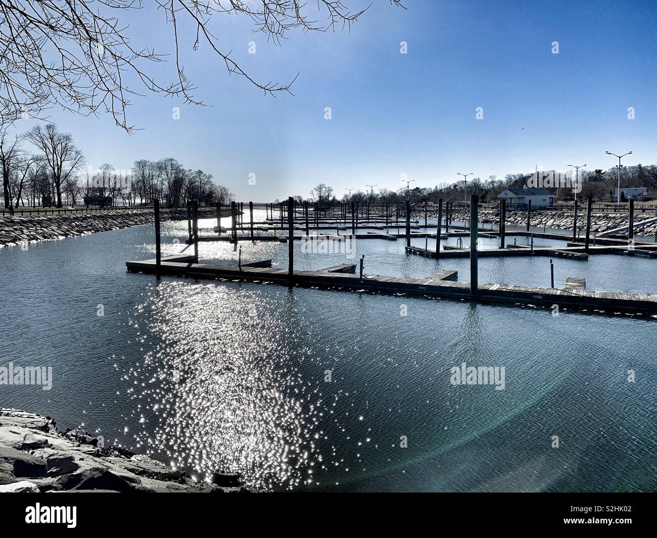 Winter sunshine over empty marina Stock Photo