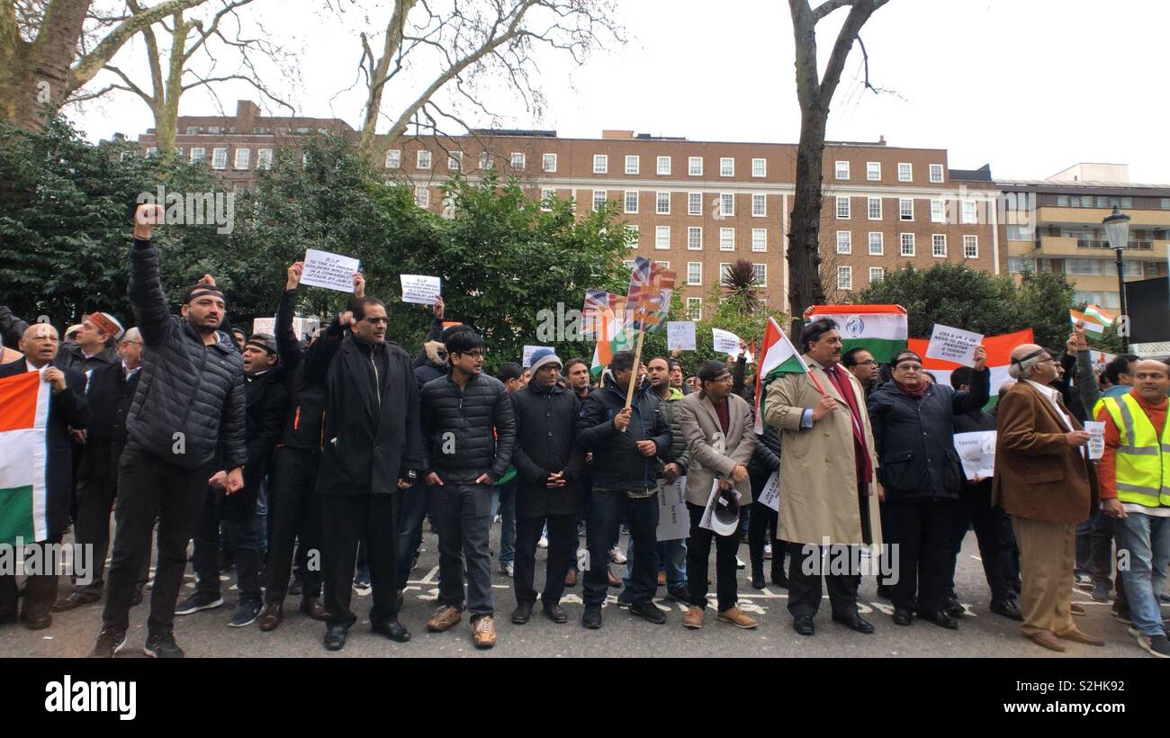 There was lot anger seen in British  Indians,London,Protesting against Pakistan for giving aid and support to terrorists that has recently led to 42 CRPF soldiers martyrs in Pulwama , Kashmir , India Stock Photo