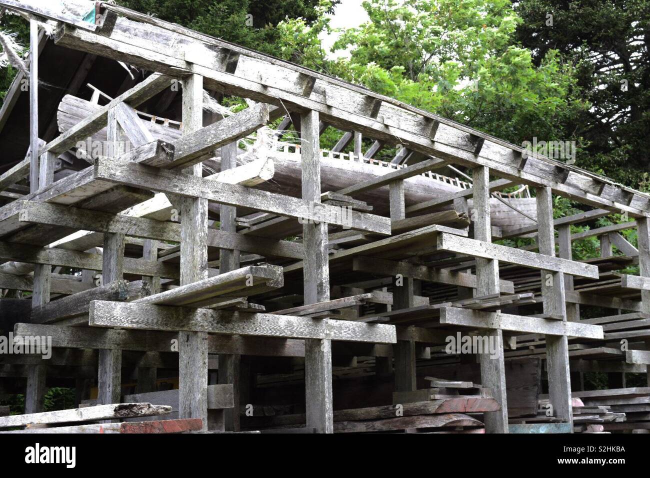 Old Building Rack Old boat building business storage racks Hermit Island, ME Stock Photo ...