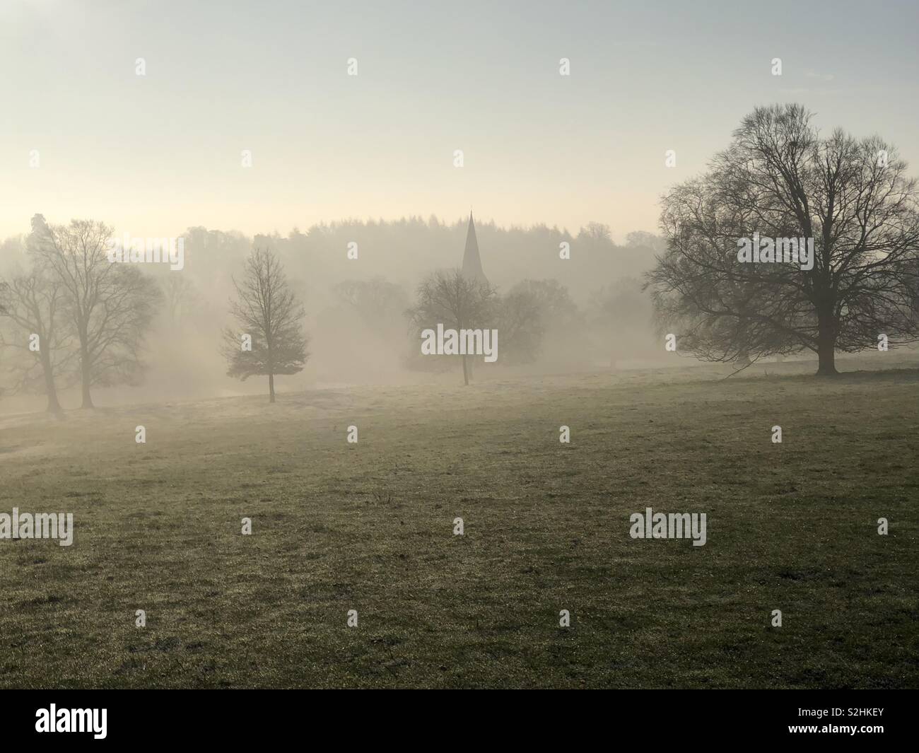 Early morning winter parkland scene, with mist, frost, trees and church spire and sun rays. - Smartphone Captured Stock Image