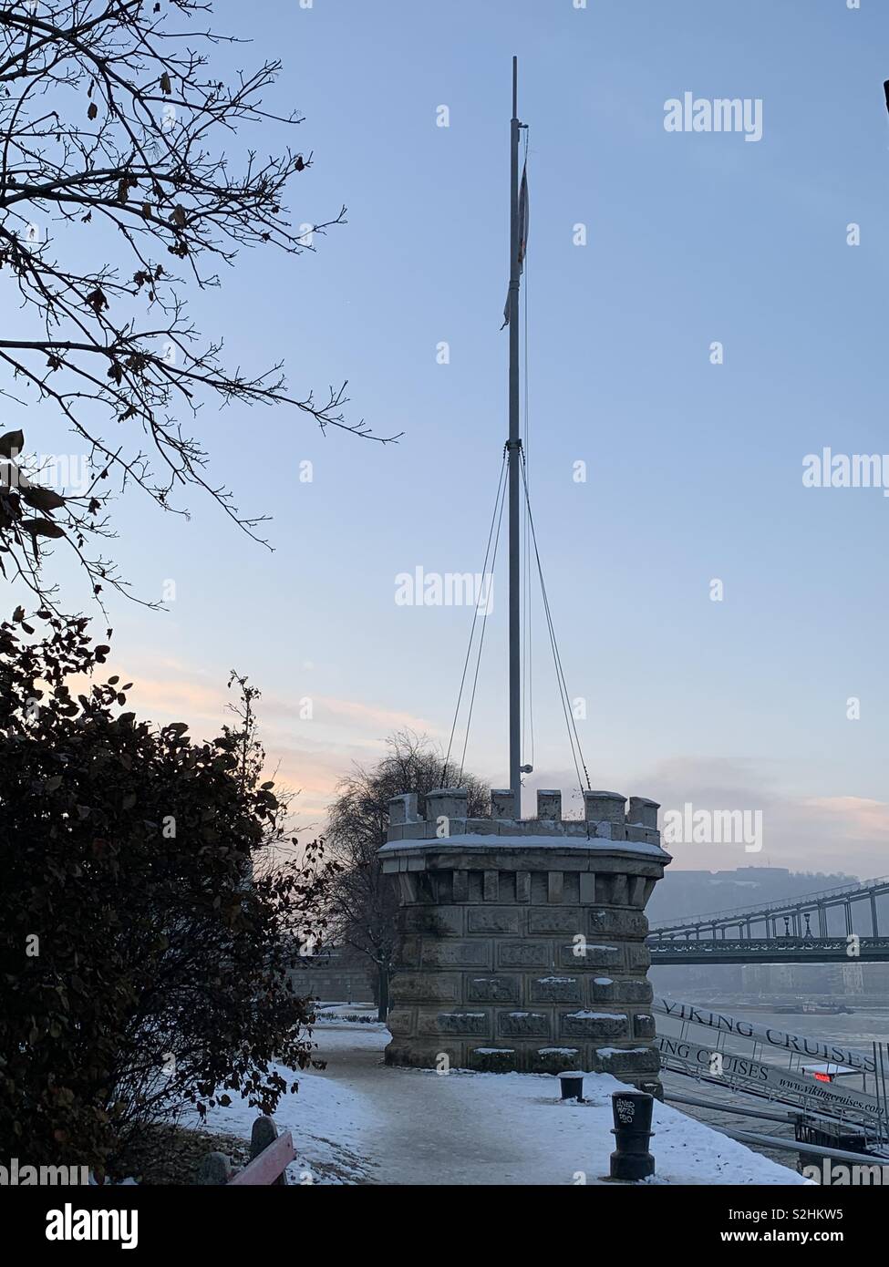 Sunrise over the river Danube in Budapest. Winter with snow. Taken Dec 2018 with iPhone XS Max - Smartphone Captured Stock Image