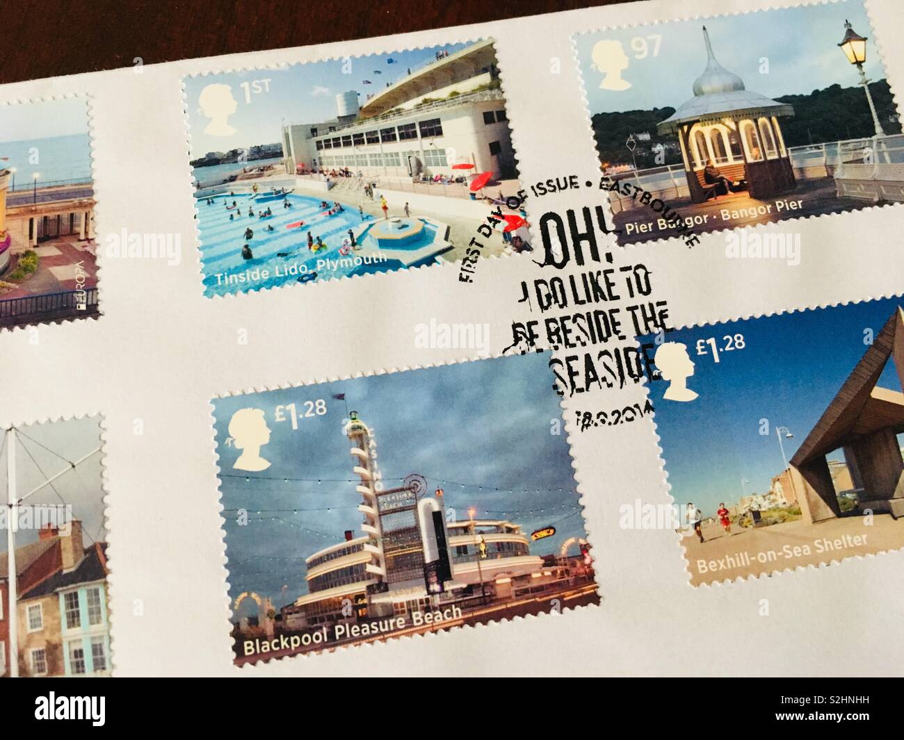 Great Britain stamps first day cover - seaside architecture - Smartphone Captured Stock Image