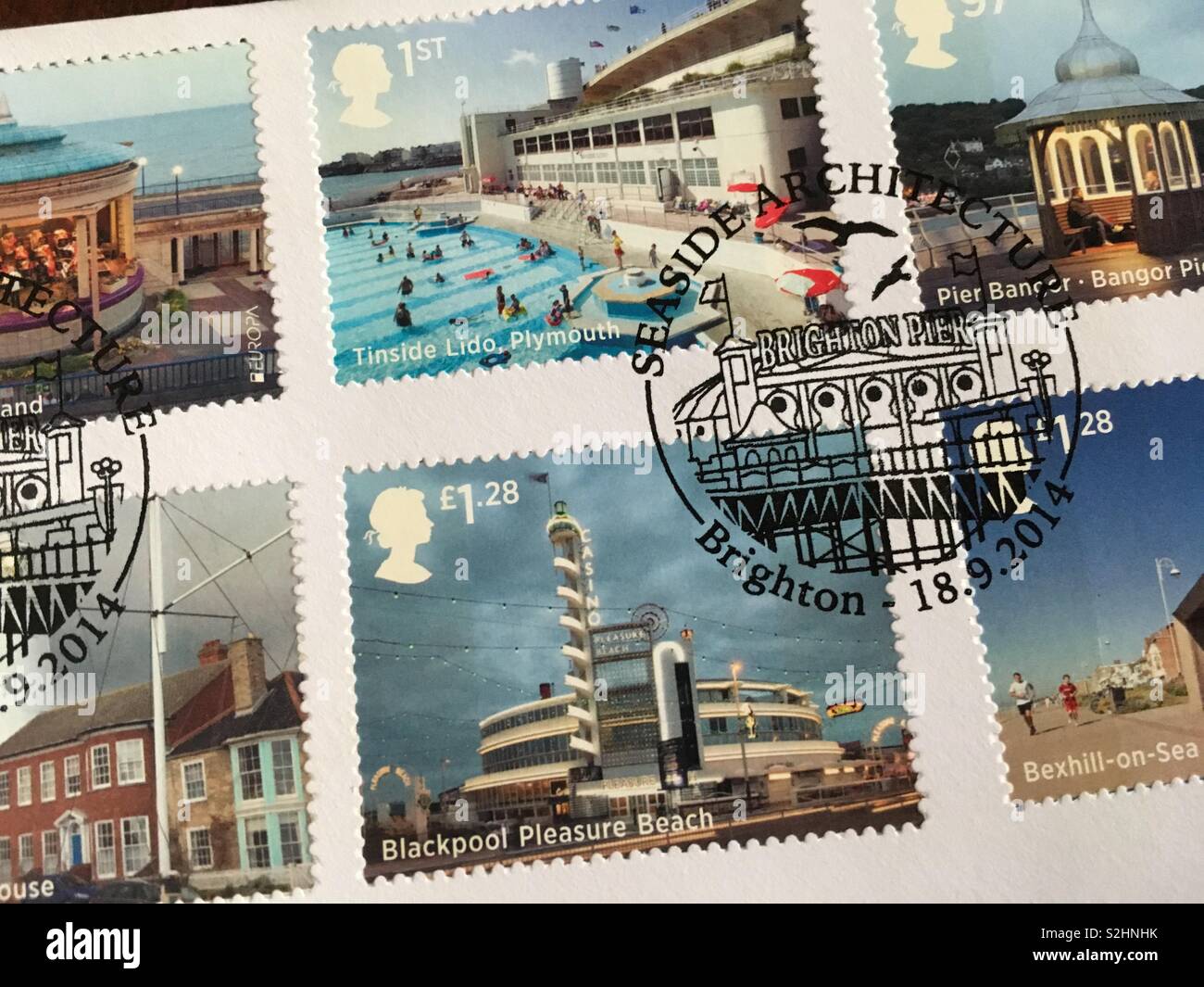 Great Britain stamps first day cover - seaside architecture - Smartphone Captured Stock Image