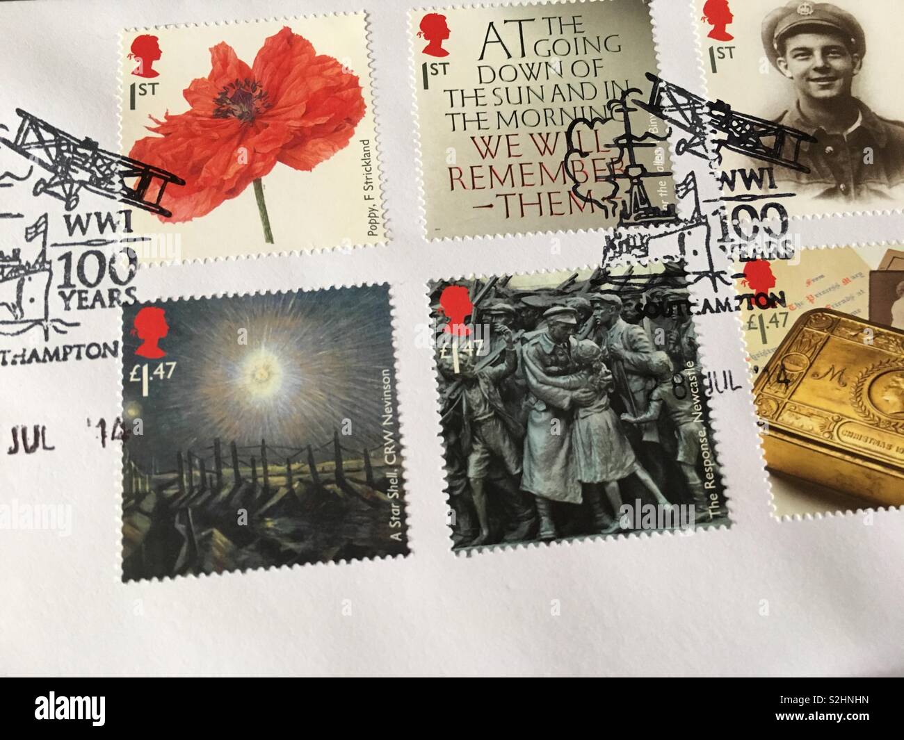 Great Britain stamps first day cover - World War One commemorative stamps - Smartphone Captured Stock Image