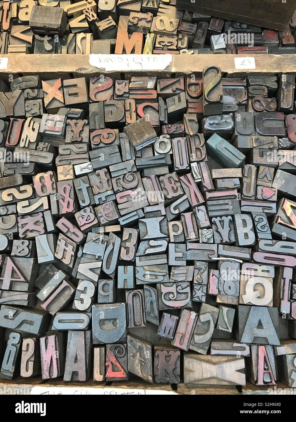 Wooden printing blocks mixed letters and numbers Stock Photo Alamy