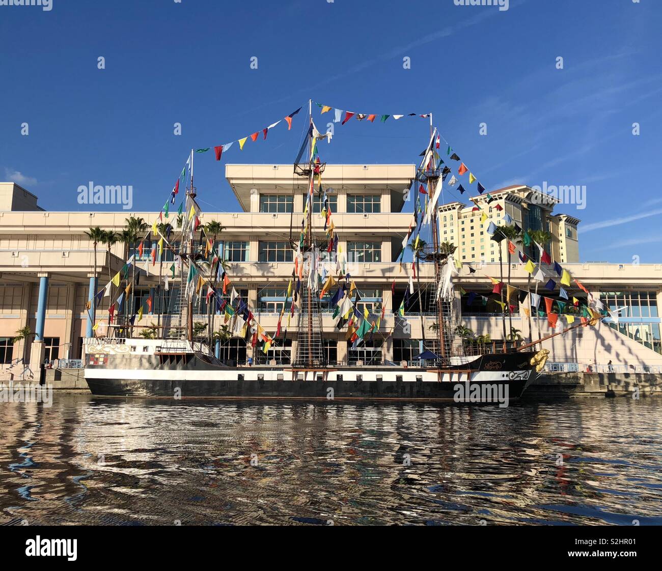 The Jose Gasparilla pirate ship sits docked along Tampa’s waterfront. The ship is the centerpiece of Tampa’s Gasparilla invasion and pirate festival that draws hundreds of thousands of people. Stock Photo