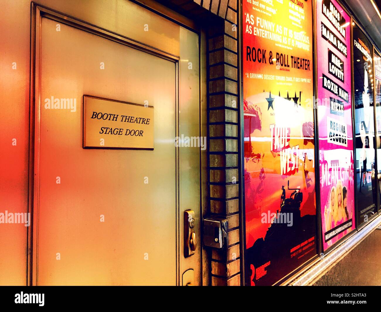 The stage door to the booth theater is in Shubert Alley in Times Square, New York City, United States Stock Photo