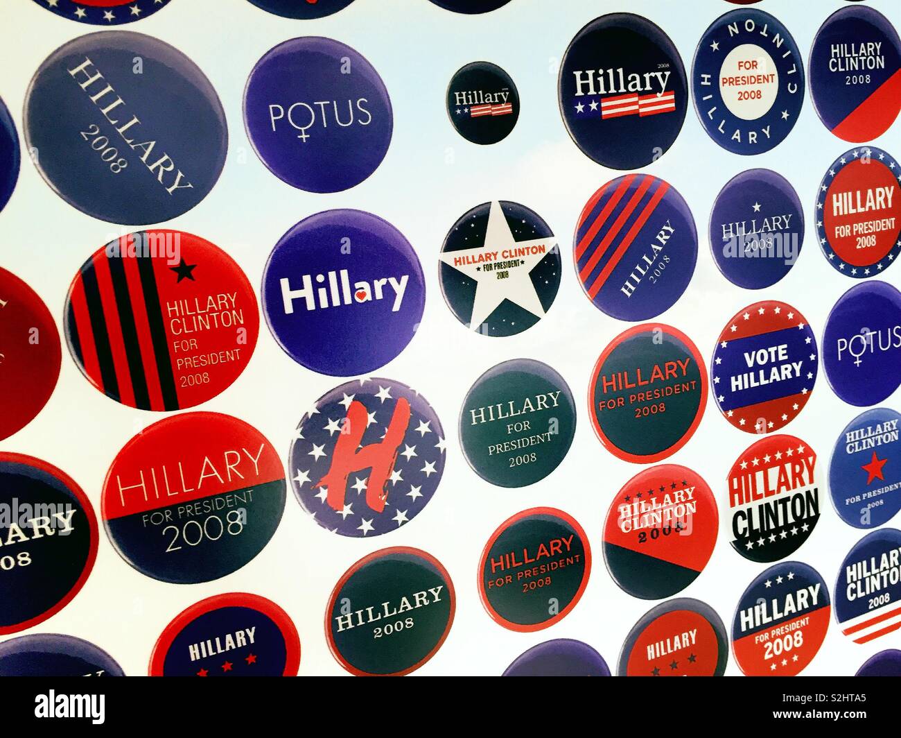 Hillary campaign button and decor in the lobby of the John Golden Theatre on W. 45th St., Times Square, NYC, USA - Smartphone Captured Stock Image
