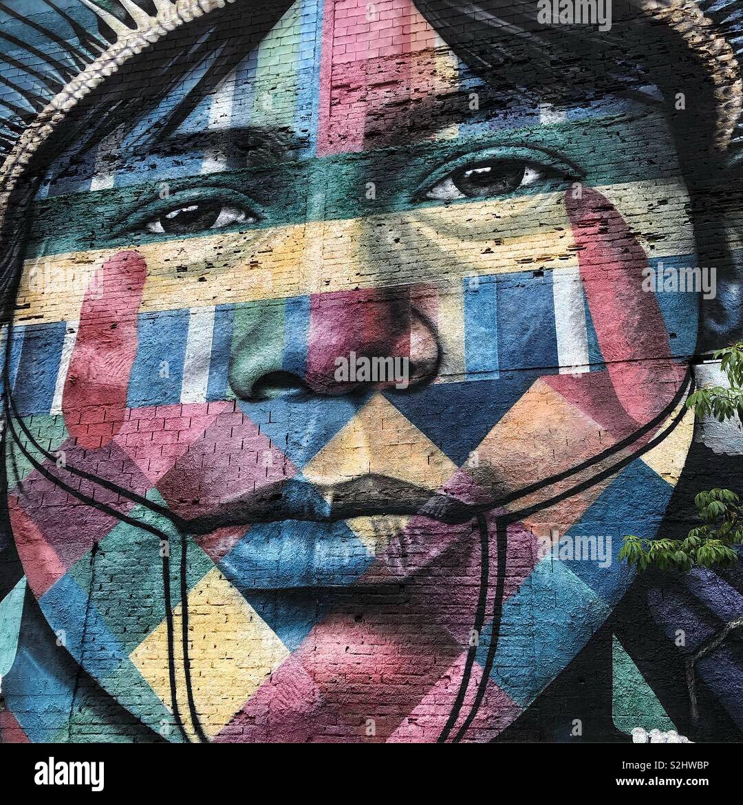 Larger-than-life street art of a multicoloured Indigenous face in Rio de Janeiro, Brazil, painted by Brazilian Eduardo Kobra. It is part of a series called Etnias. - Smartphone Captured Stock Image