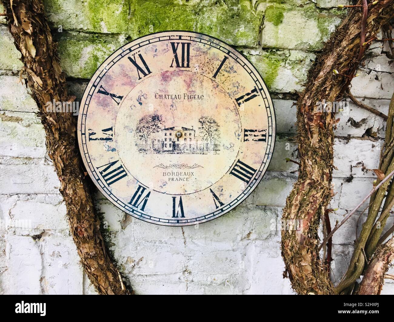 Clockface on garden wall Stock Photo