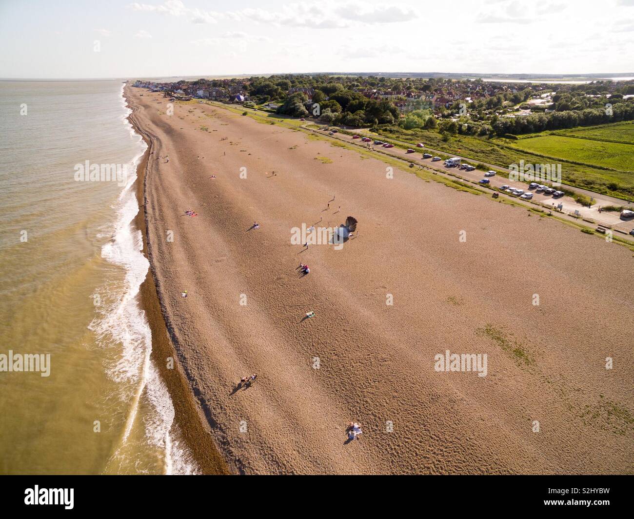 Aerial view of the Scallop Sculpture on Aldeburgh Beach, Suffolk, England, a Maggi Hambling artwork, celebrating Composer Benjamin Britten. - Smartphone Captured Stock Image