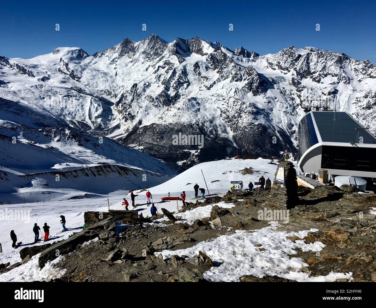 Hohsaas gondola station in skiresort Saas Grund, Valais, Switzerland. Stock Photo