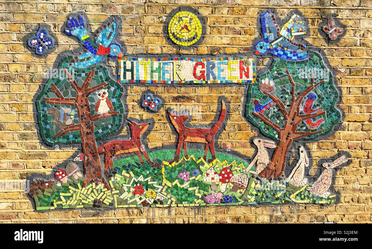Hither Green sign made out of mosaic at Hither Green train station in London - Smartphone Captured Stock Image