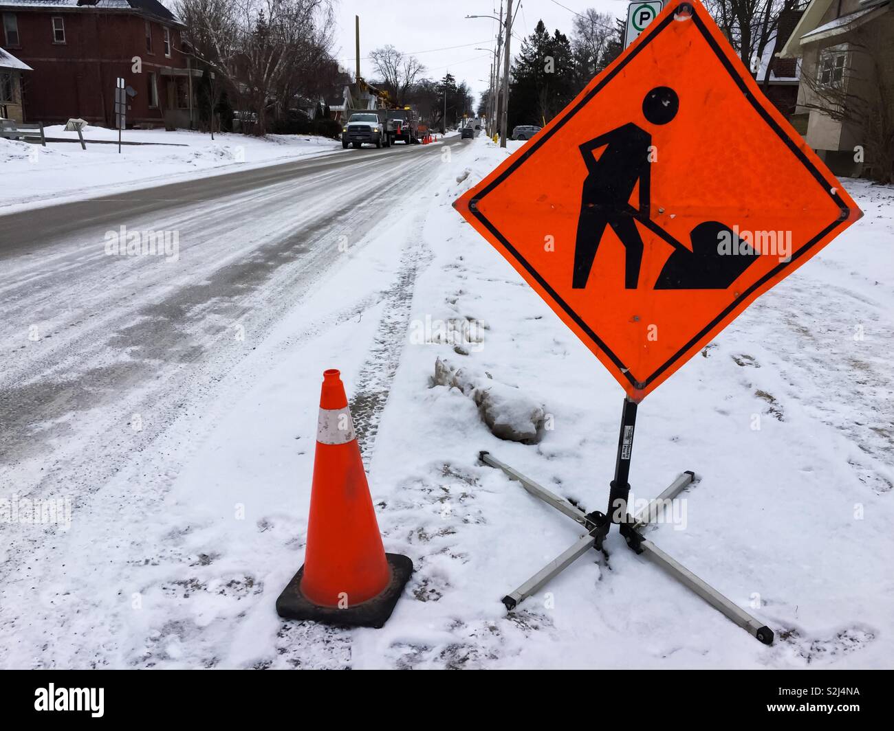Road work in snow - Smartphone Captured Stock Image