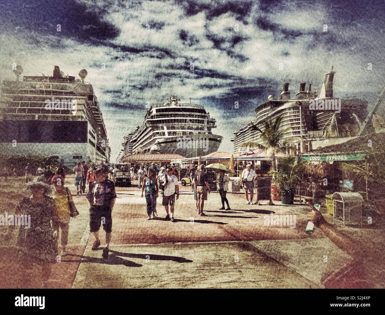 Grunge Filter of Passengers of Several Huge Cruise Ships docked at Philipsburg, St Maarten in the Caribbean. December 2016 Stock Photo