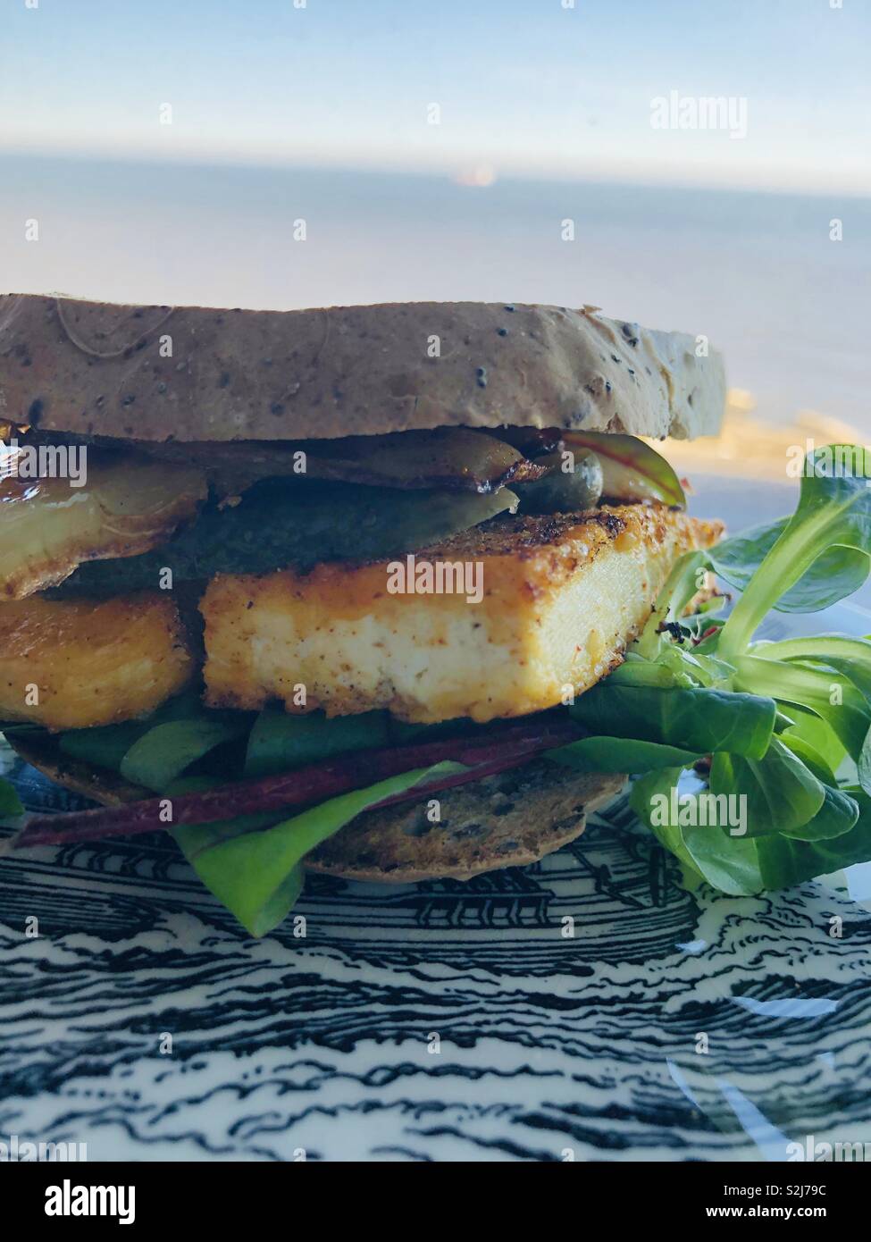 Vegan fried tofu sandwich with gluten free bread Stock Photo