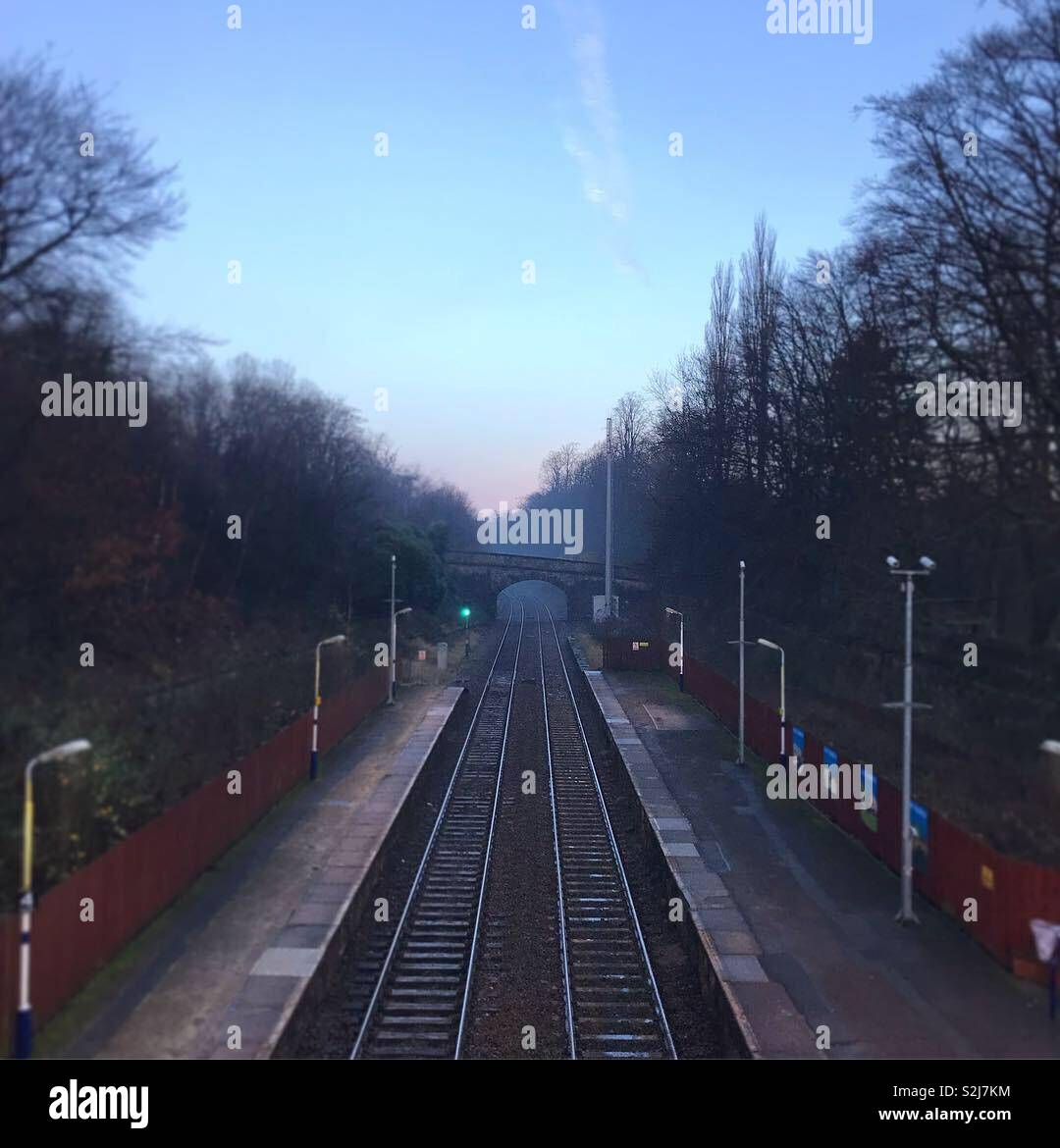 Sheffield-Manchester trainline at Marple Station in winter - Smartphone Captured Stock Image
