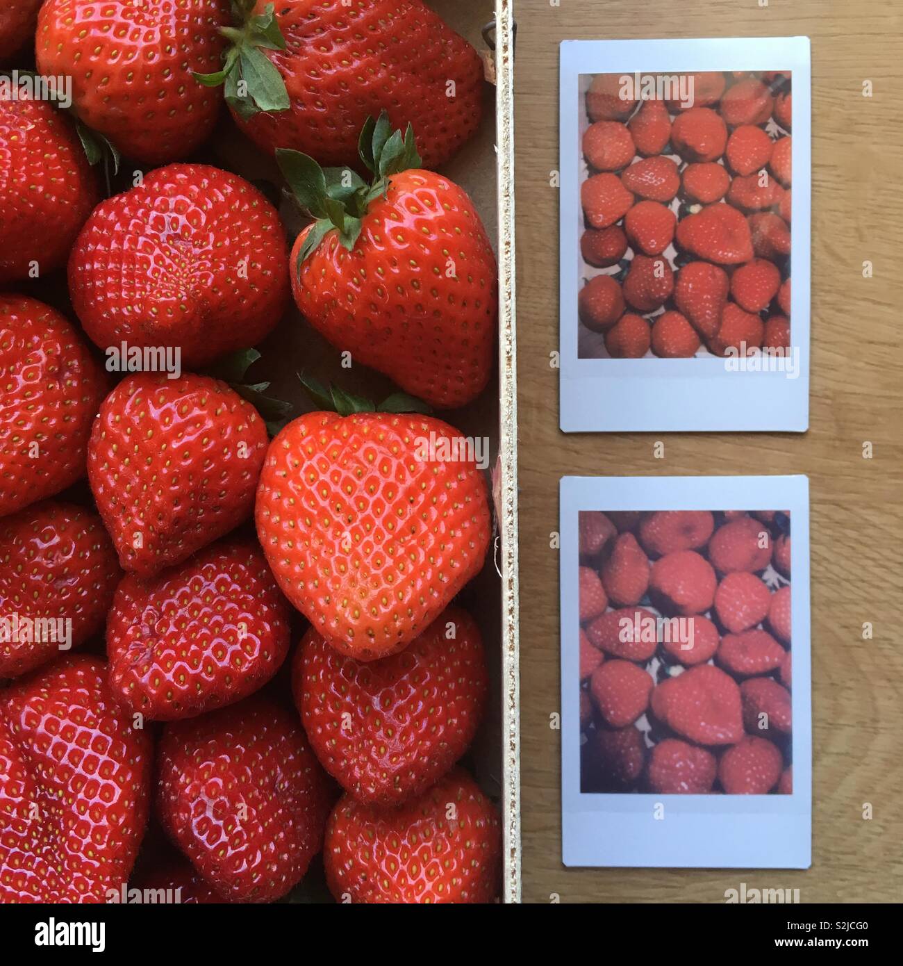 Strawberries and instant photos Stock Photo