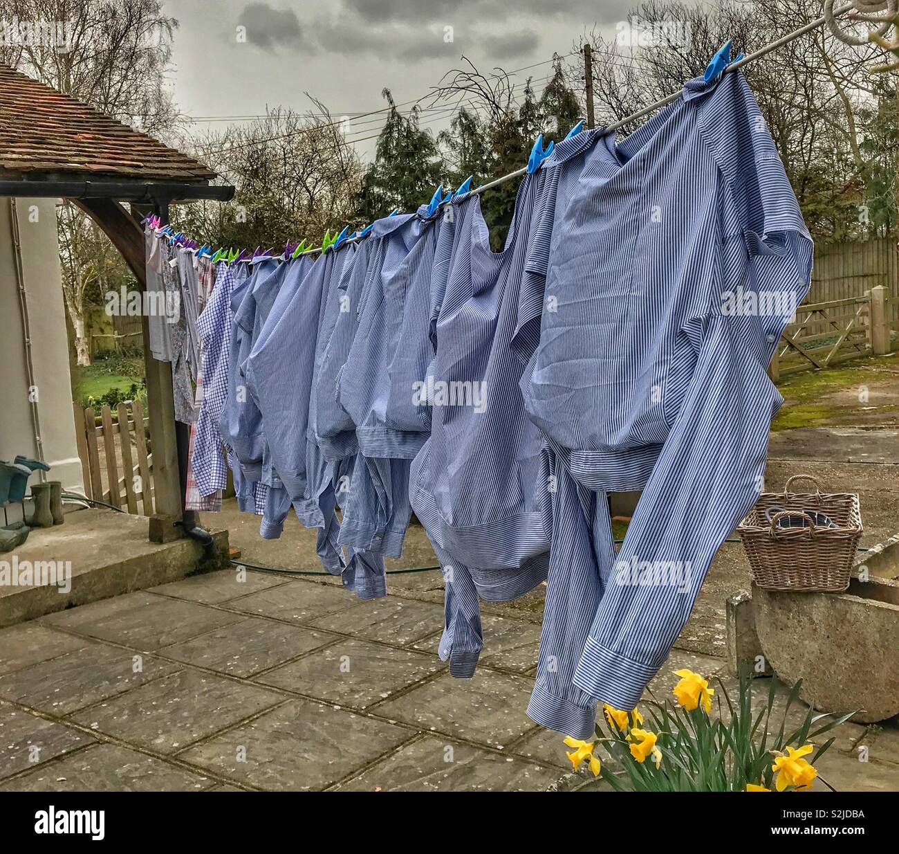 Washing hanging out to dry in colour. March 2019. - Smartphone Captured Stock Image