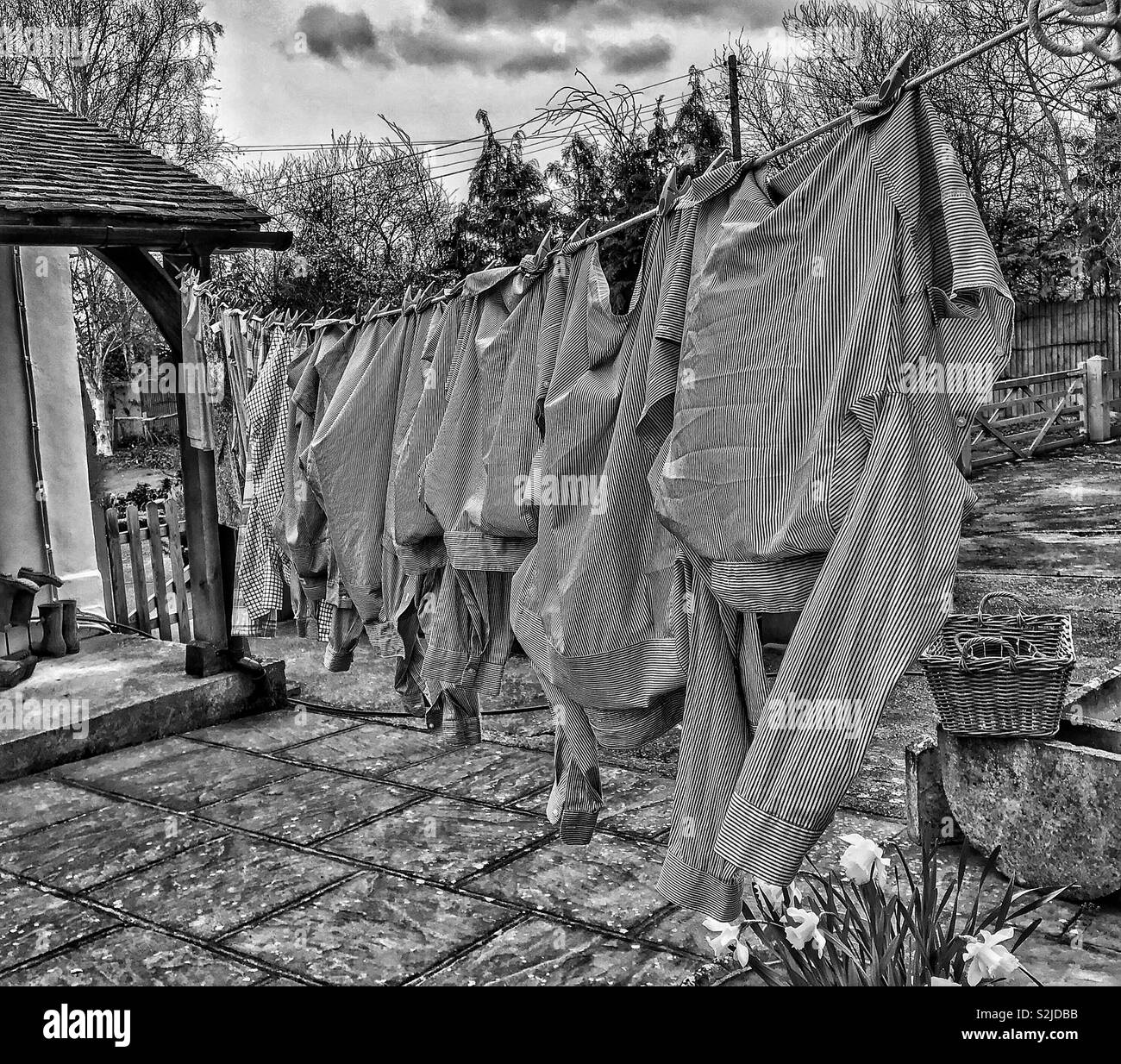 Washing hanging out to dry in black and white. March 2019. - Smartphone Captured Stock Image