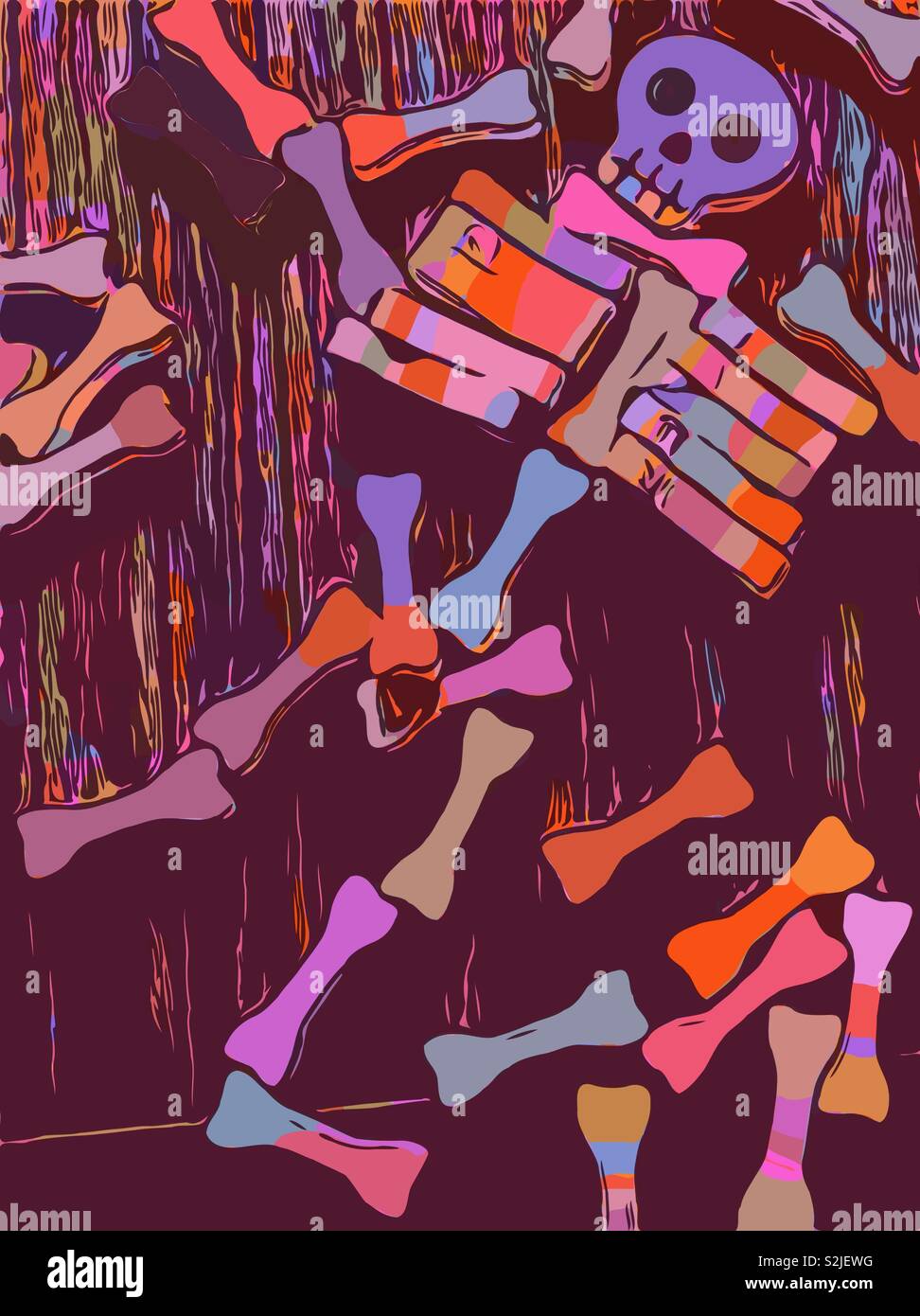 Skeleton on cinco de mayo.  Dead bones celebrate and remember people. Colourful graphic created on iPhone.  Broken bones.  Skull arm leg shoulder ribs. La Catrina.  Day of the dead - Smartphone Captured Stock Image