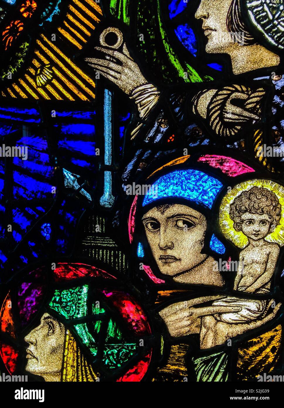 Detail from The Coronation of the Blessed Virgin. By Harry Clarke, 1923. Stained glass window. Kelvingrove Art Gallery and Museum. Glasgow. Scotland. UK. - Smartphone Captured Stock Image