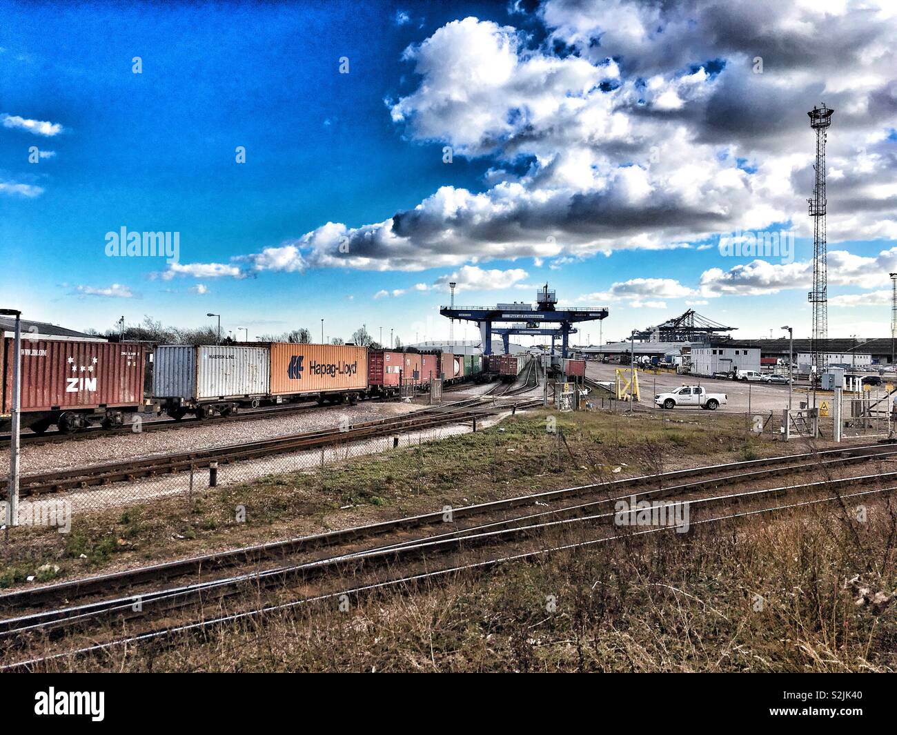 North rail freight terminal, port of Felixstowe, Suffolk, England. Stock Photo