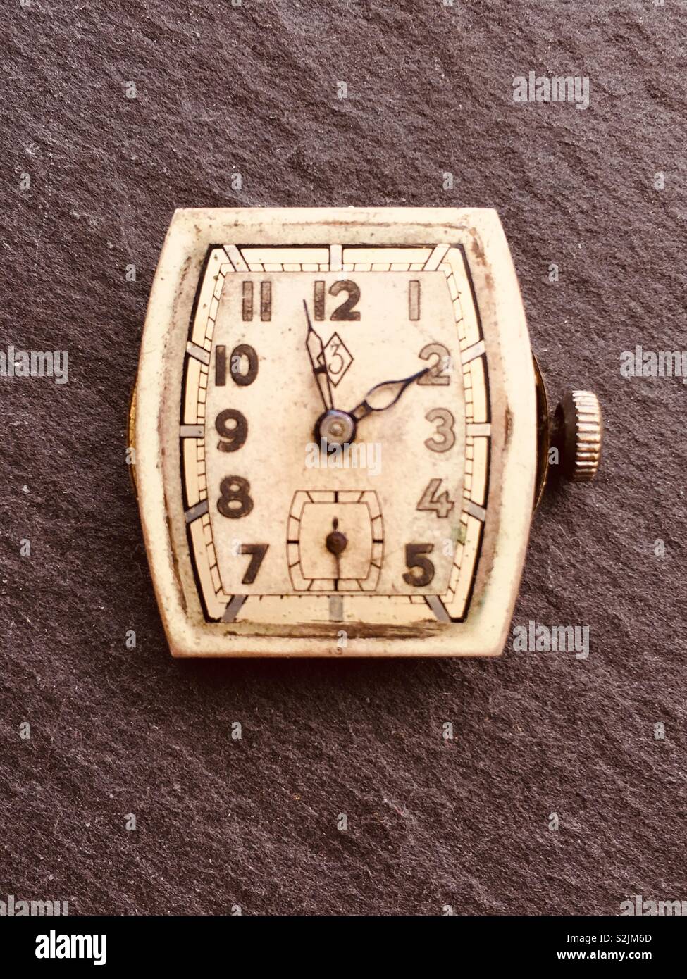 Vintage Art Deco Style Manual wind men’s watch face close up Stock Photo