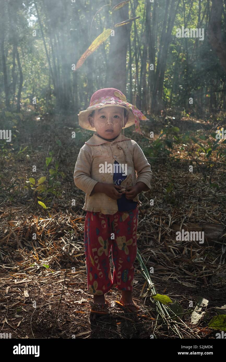 Myanmar everyday life: portrait of a little burmese child in the countryside of burma, in a bamboo forest. In the morning surrounded by a little bit of smoke. Looking into the camera. Stock Photo