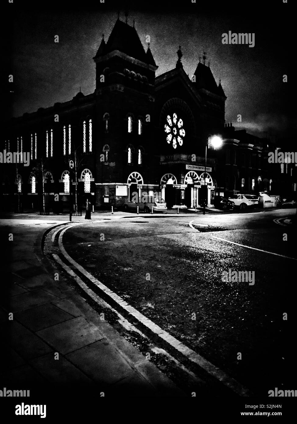 High contrast image of a Baptist a church I Hackney London UK photographed at night Stock Photo