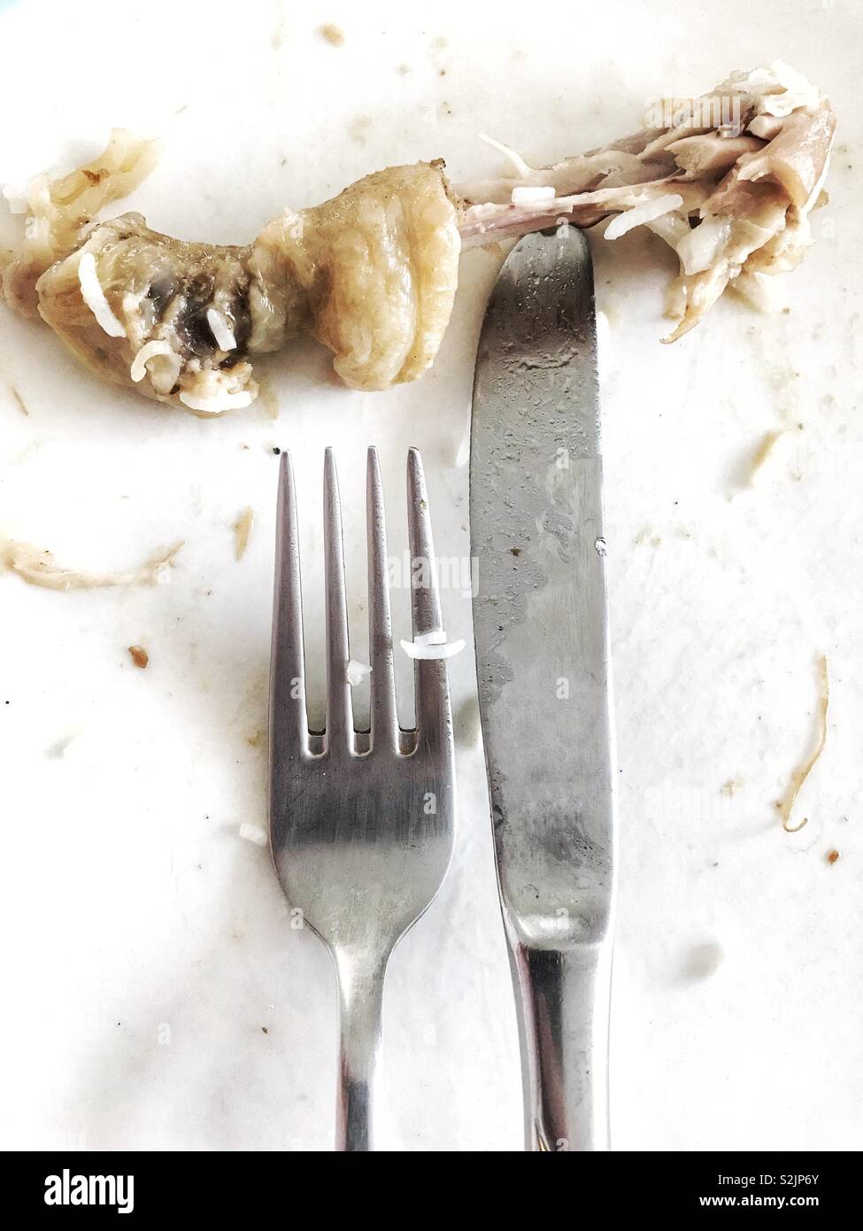 Knife, fork and chicken bone left on a plate at the end of a meal Stock
