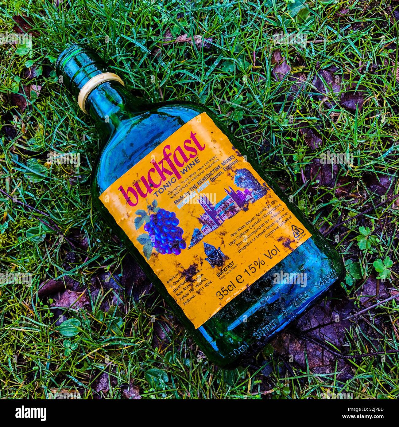 Discarded bottle of Buckfast tonic wine. Glasgow. Scotland. UK Stock